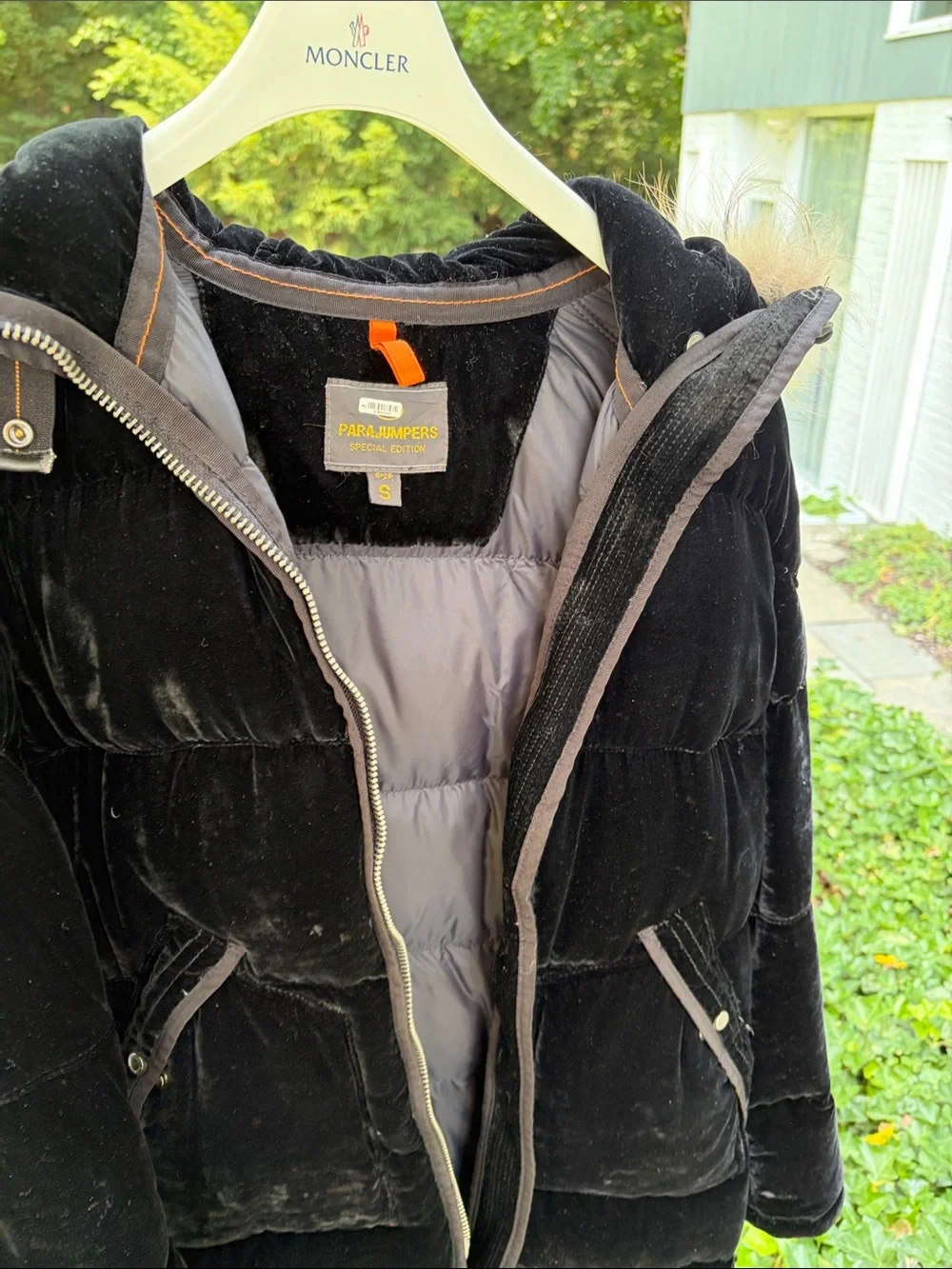 Parajumpers Warm Velvet Down Black Hooded Puffer Coat with Fur Trim